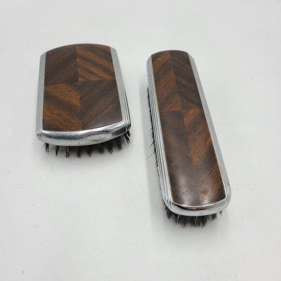 Vintage Art-Deco Mens Grooming Brushes Wood Grain Silver Black Bristles Lot 2 - Picture 1 of 9